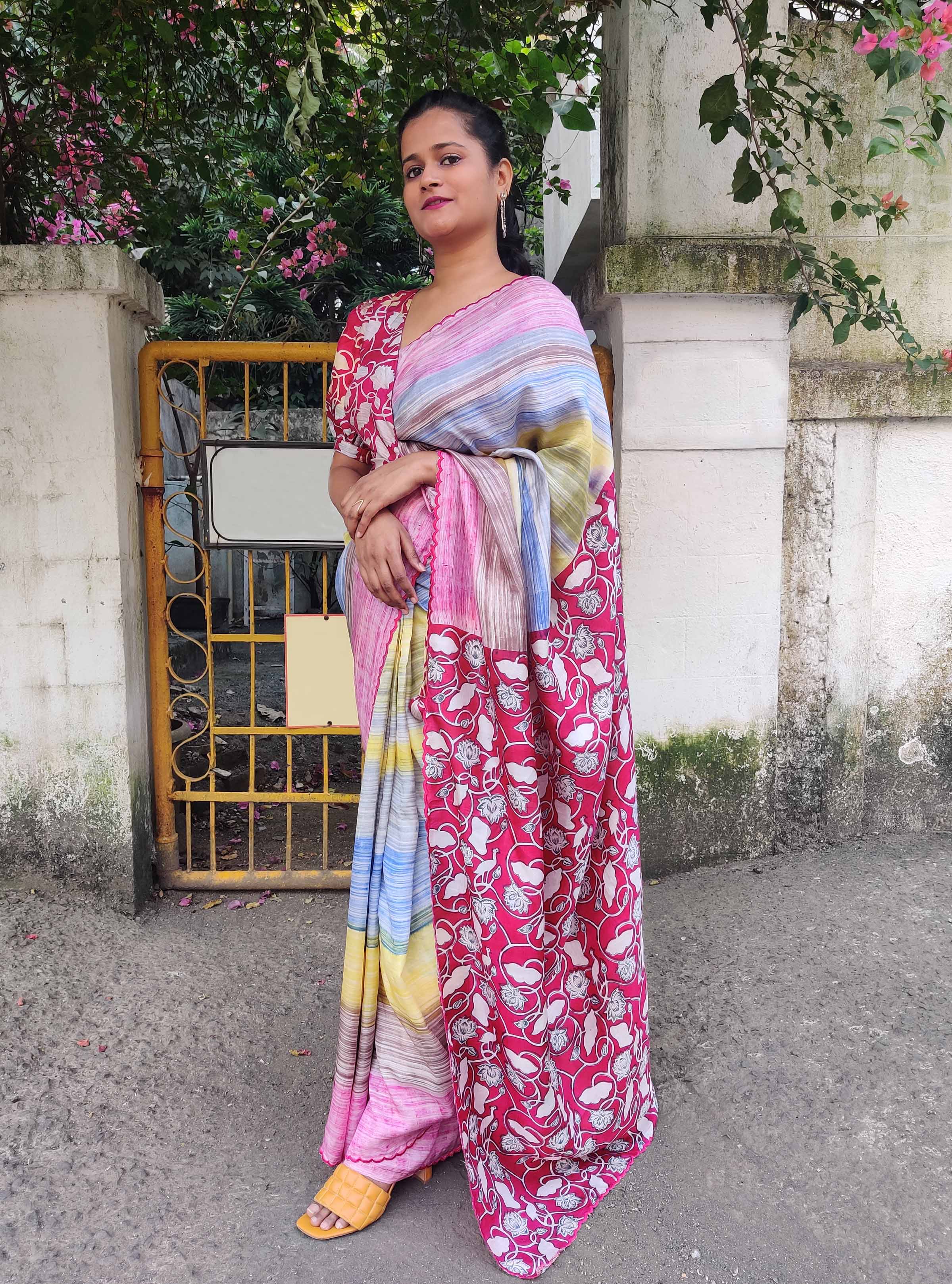 Pink chinon Block Print Sarees SAJTHASETHBSRPNK9