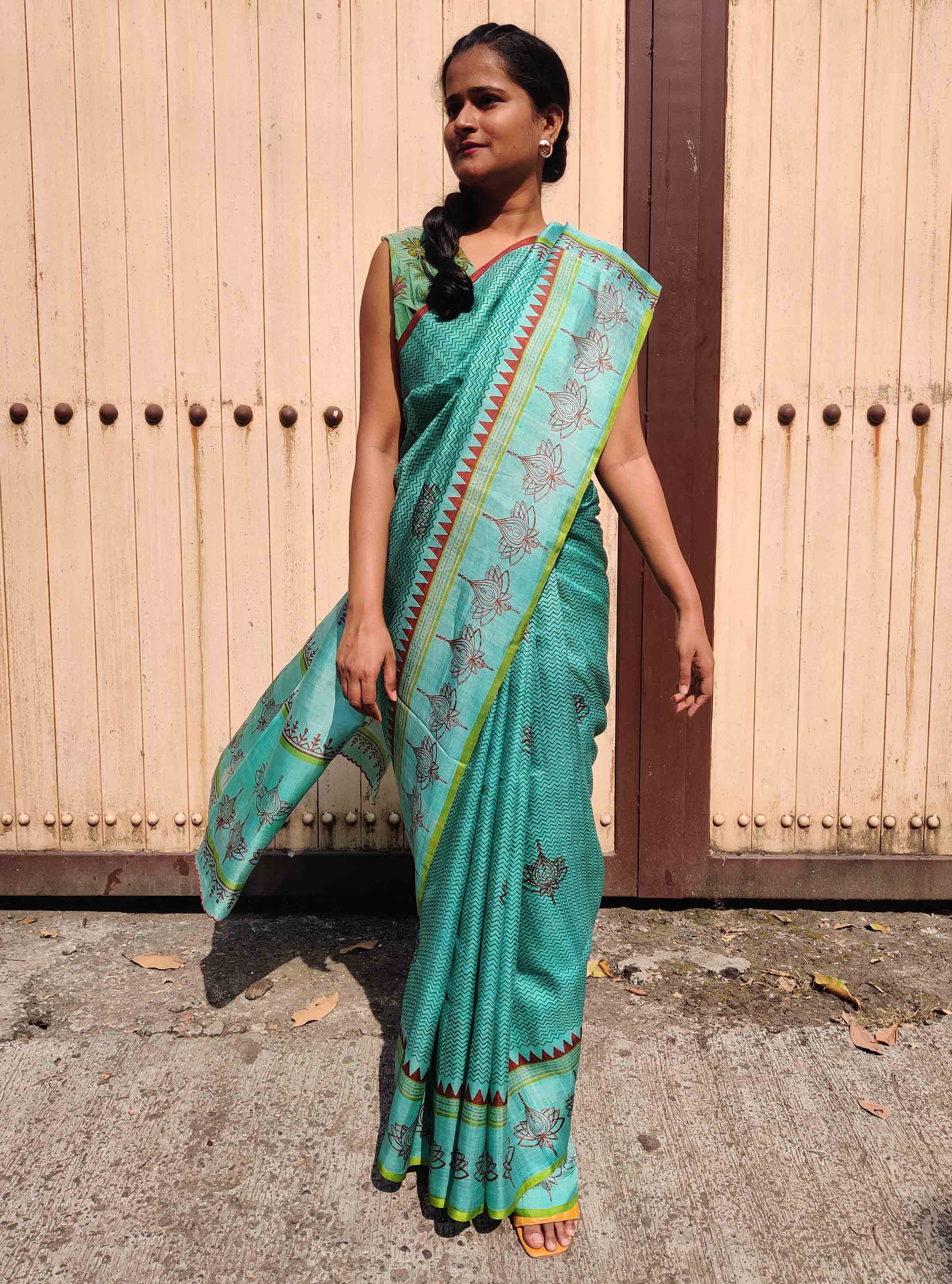 Black Geometric Pattern Hand Block Printed Cotton Saree - THBPSA54