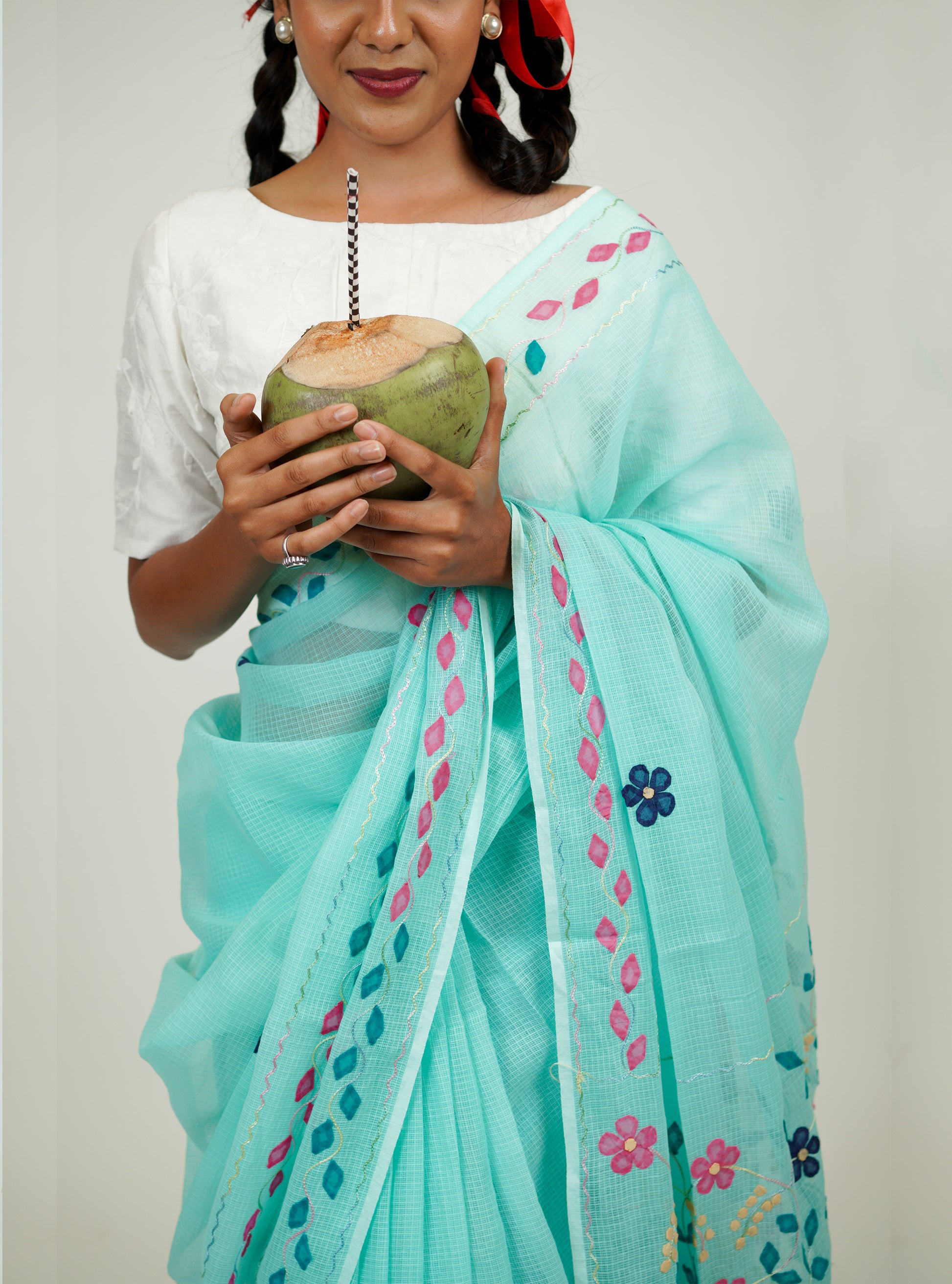 Light Sea Green Phool Patti Kota cotton saree