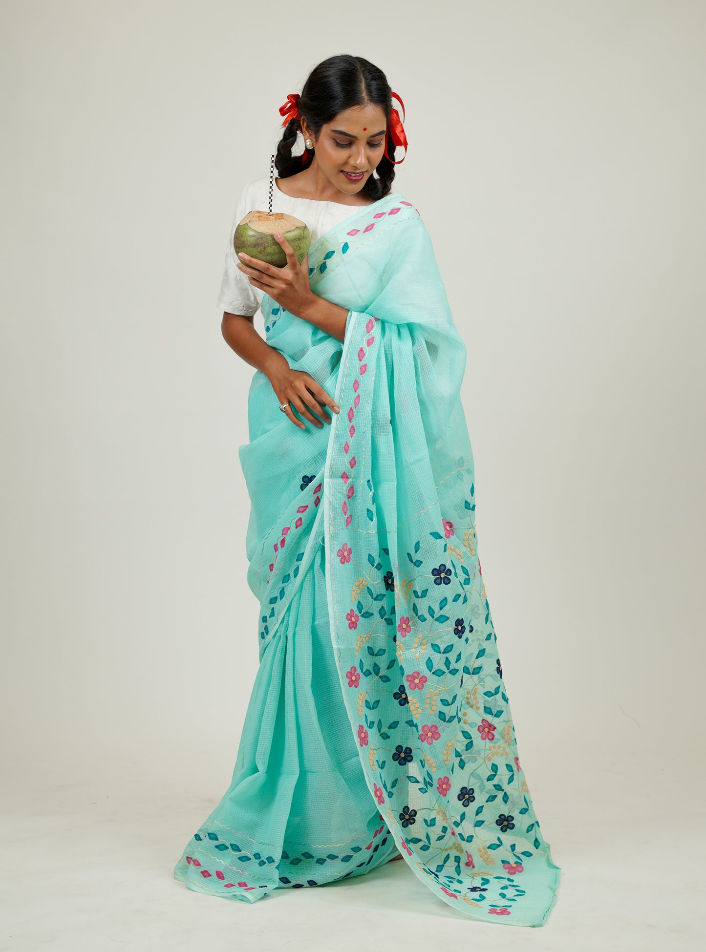 Light Sea Green Phool Patti Kota cotton saree