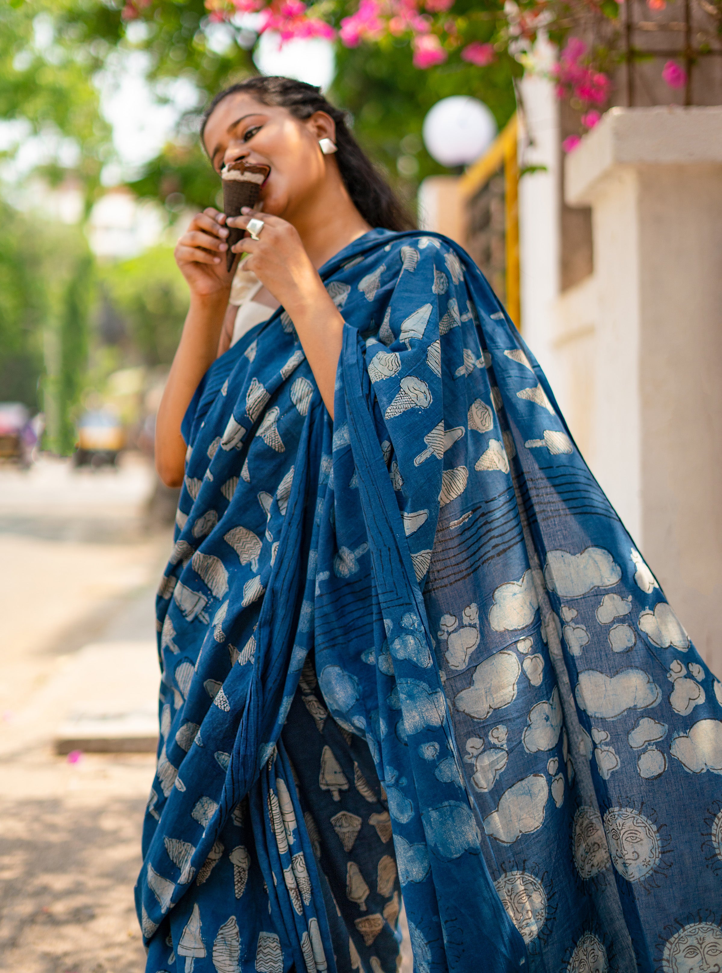 MyIndianBrand 'Indigo-Avni' Fusion Cotton Saree with Bagru Handprint