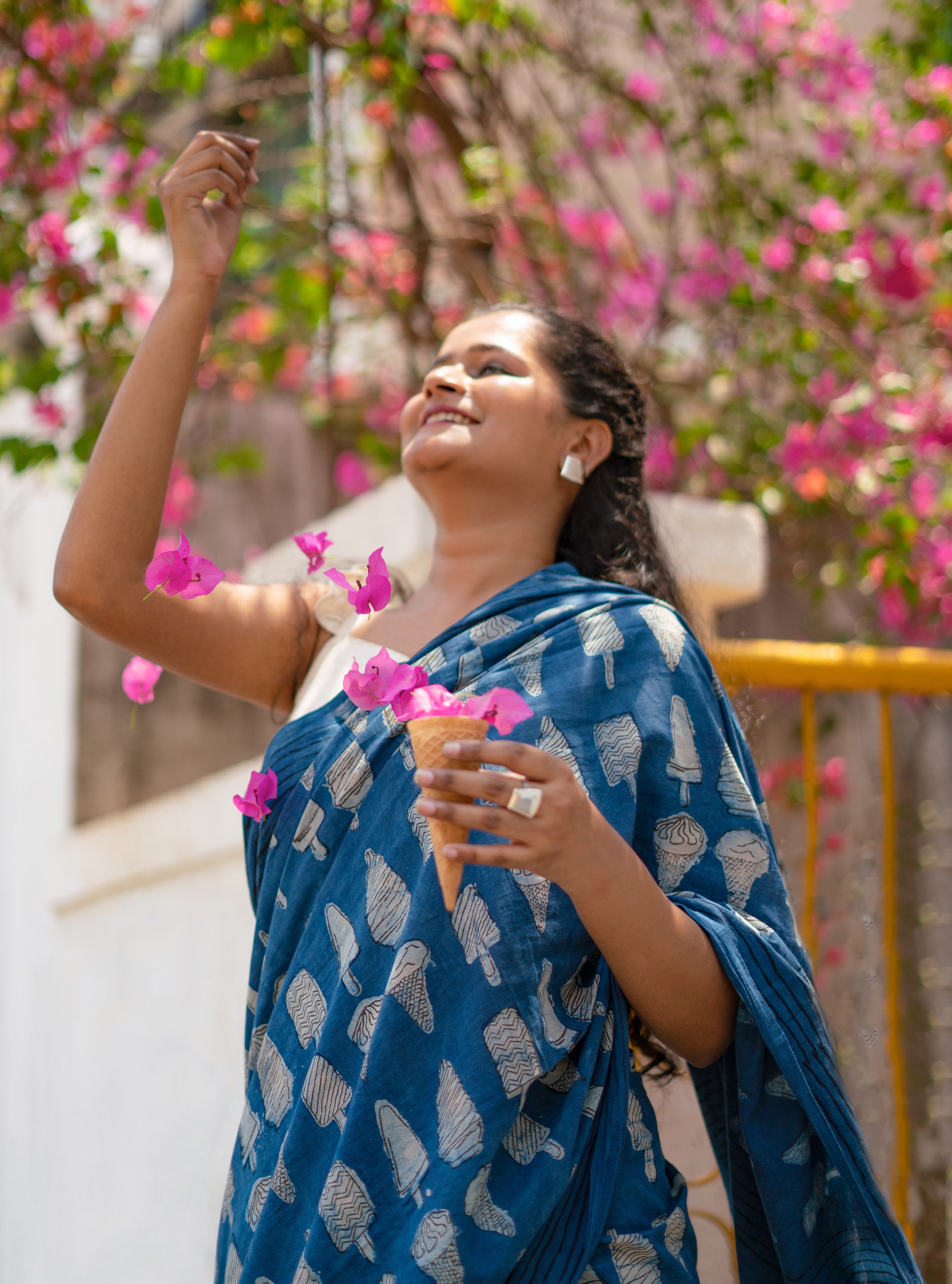 Pretty Indigo Print Cotton Mulmul Saree with Blouse