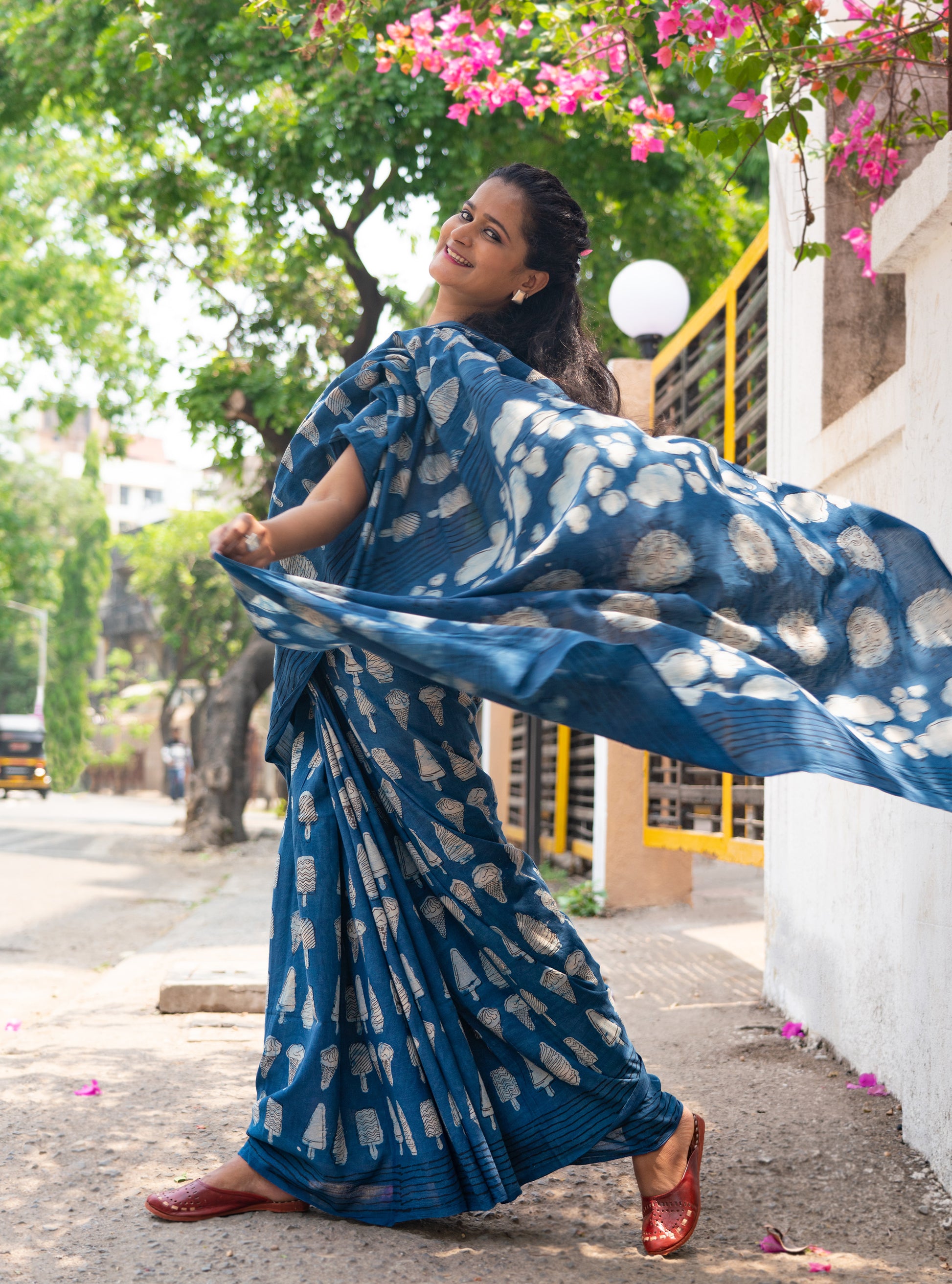 Indigo Natural Dye Dabu Ice-Cream Motif Cotton Saree