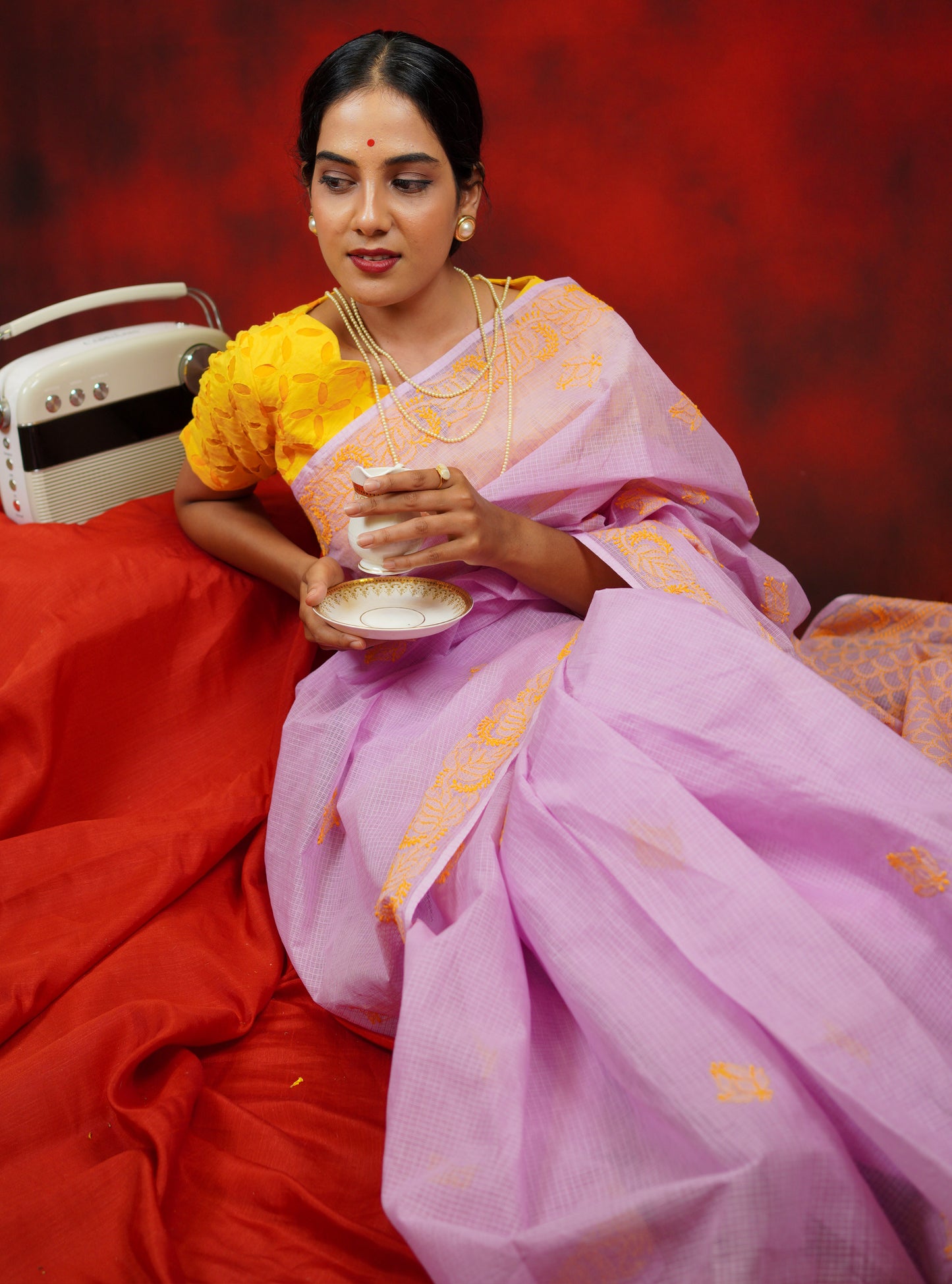 Lilac -Yellow Chikankari Kota Cotton Saree