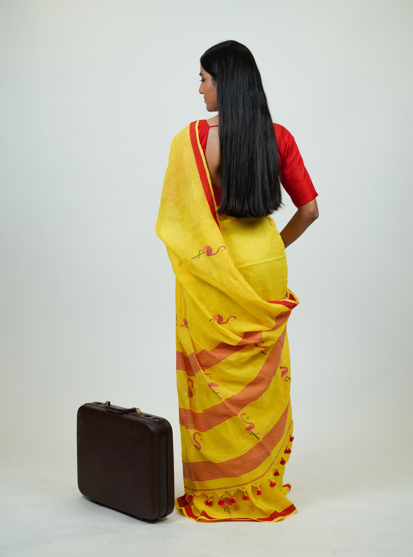 Yellow Flamingo Jamdani Handspun Cotton Saree