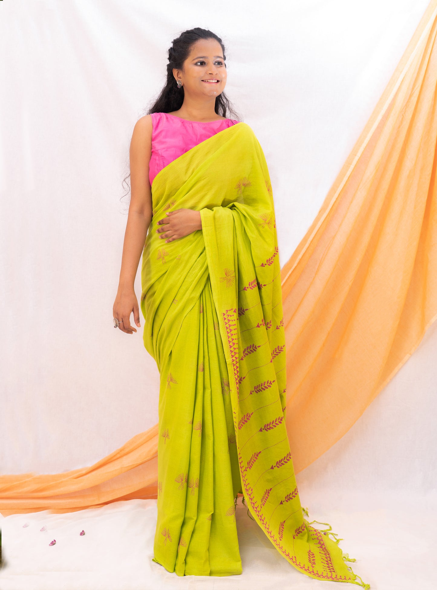 Lime Green Flower Hand Embroidered Kantha Handloom Cotton Saree