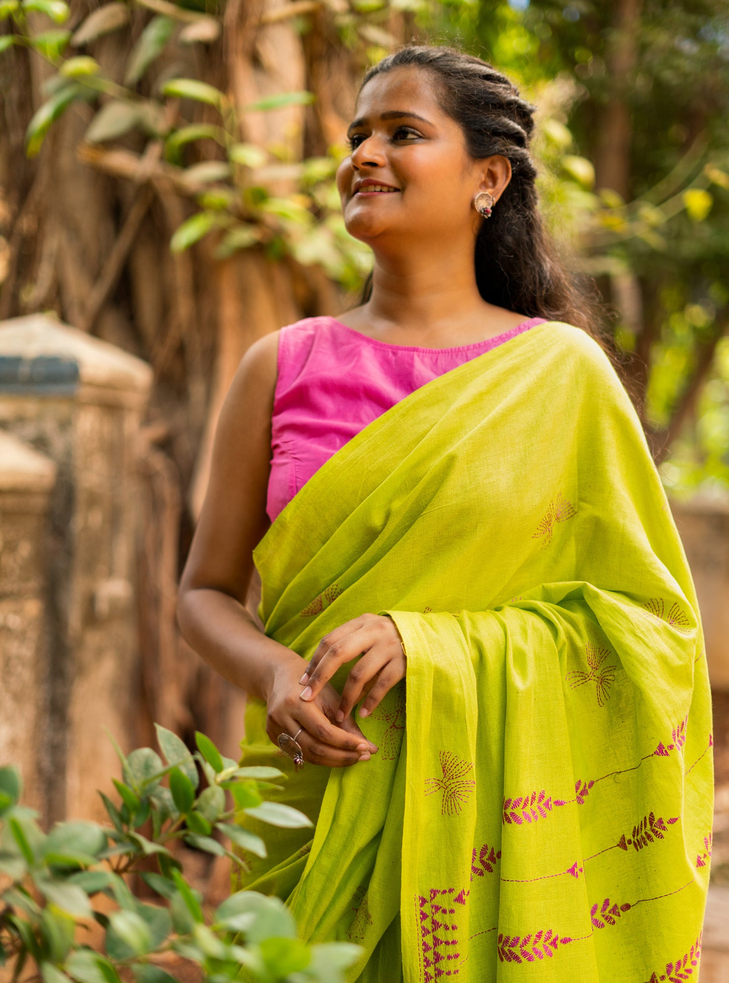 Lime Green Flower Hand Embroidered Kantha Handloom Cotton Saree