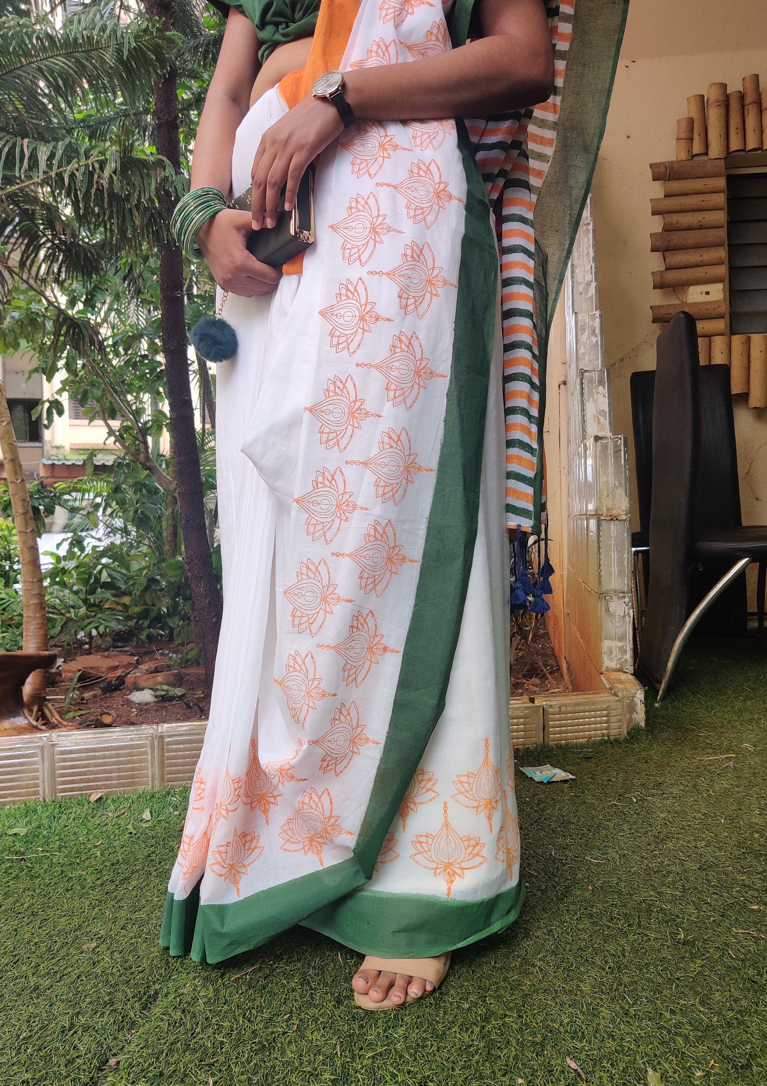 Tvis and Bliss. Tri-Color Combination Pochampally Ikkat Silk Saree