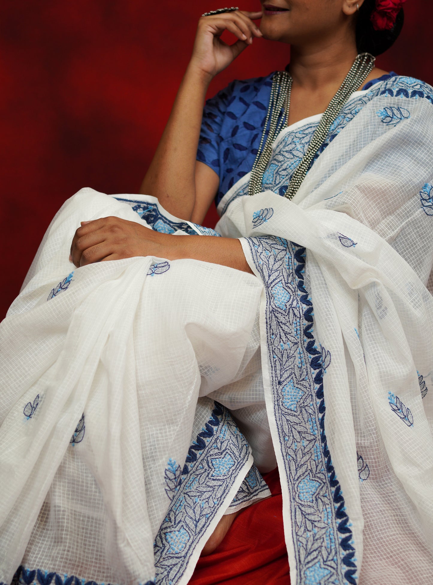 White- Navy Blue & Cobalt Blue Chikankari Kota Cotton Saree