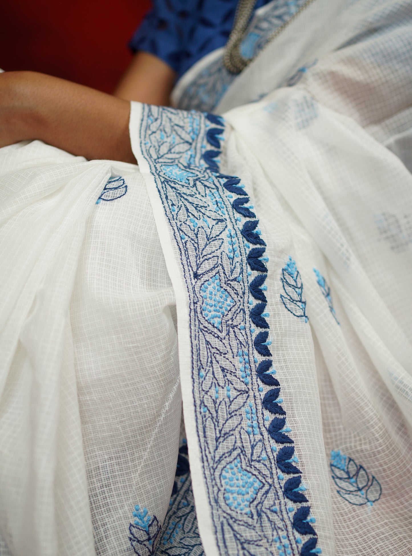 White- Navy Blue & Cobalt Blue Chikankari Kota Cotton Saree