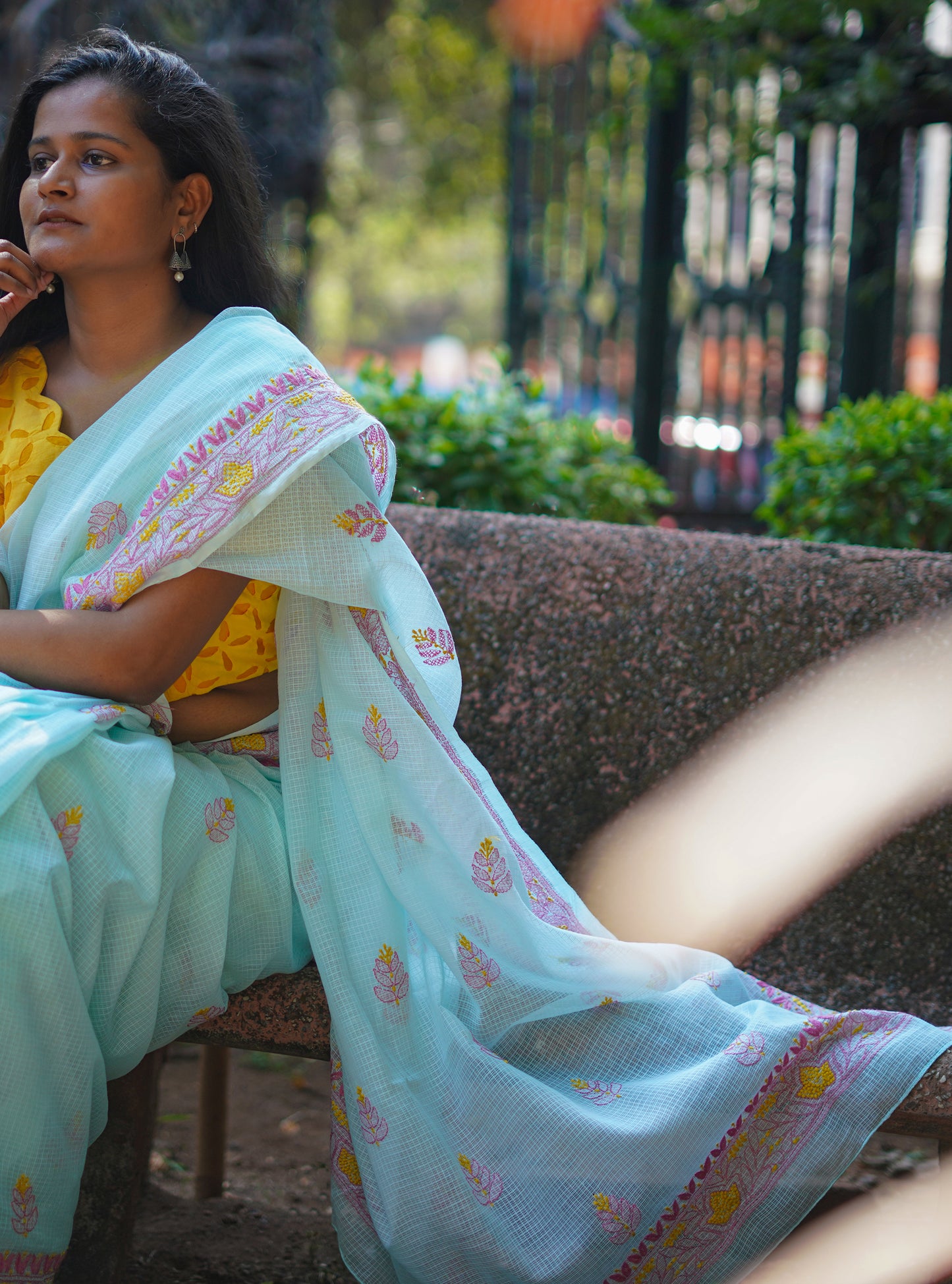 Pista Green - Pink Chikankari Kota Cotton Saree